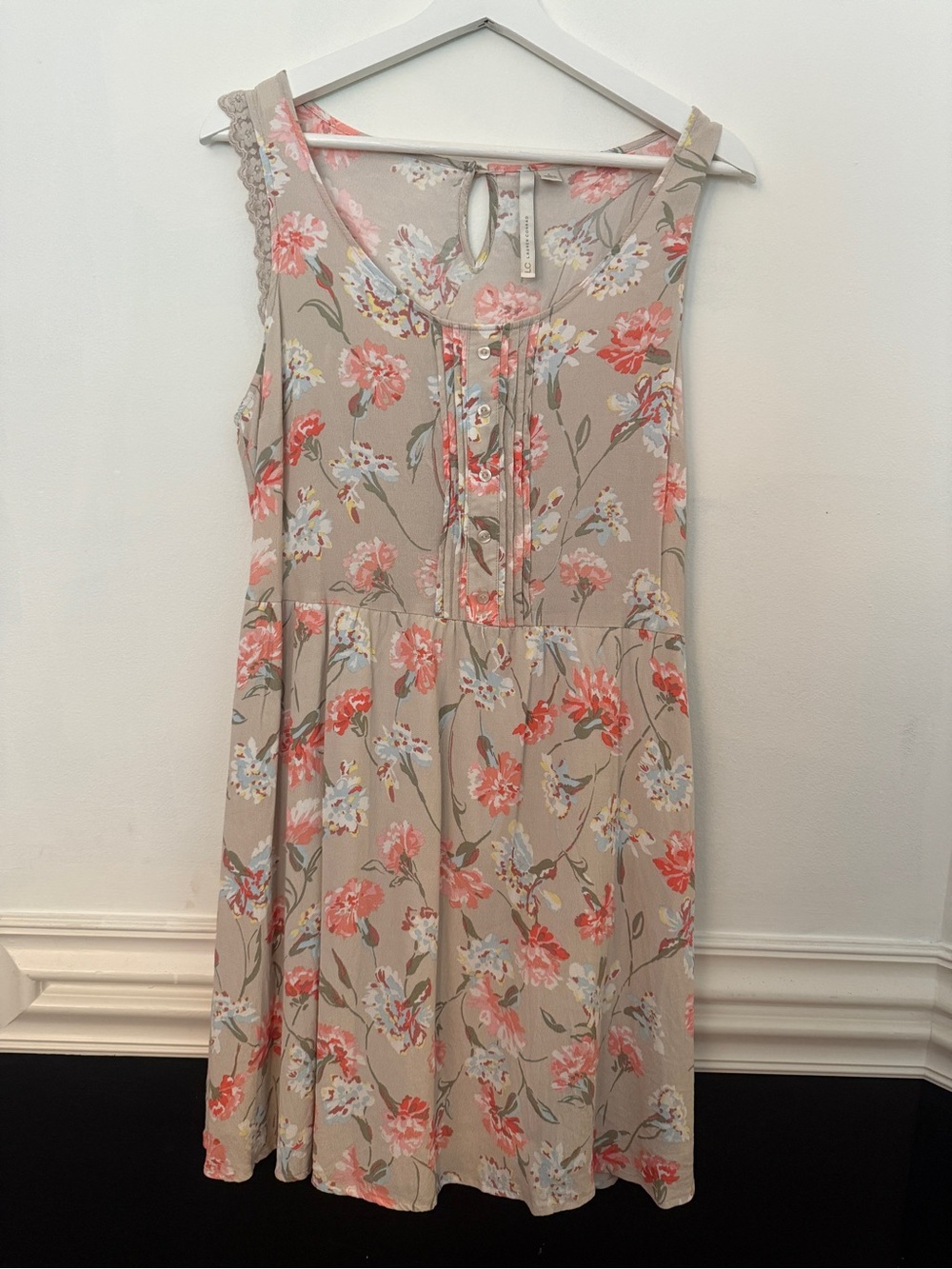 LC Lauren Conrad Beige Floral Midi Dress with Coral and Light Blue Blooms